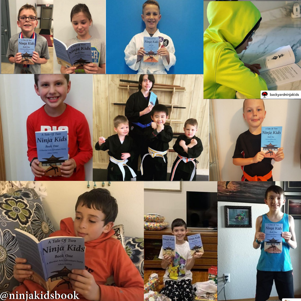Group of photos of happy readers of the book series "A Tale Of Two Ninja Kids" by Adam Oakley